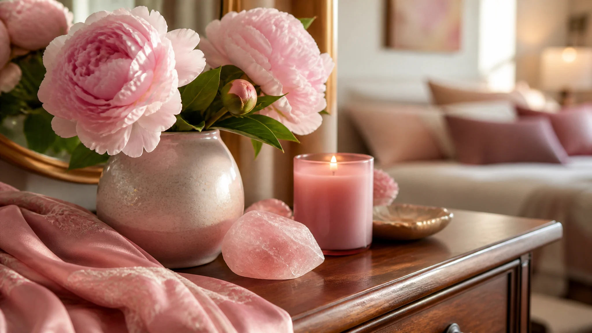 Rose quartz, pink candle, fresh peonies and silk accent styled as a love-corner still life