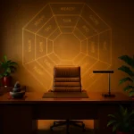 Escritorio de oficina ejecutiva con carta BaZi y proyección del mapa Bagua en la pared para el equilibrio de Feng Shui empresarial