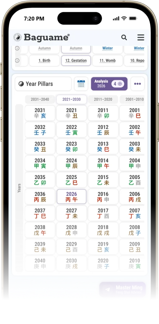 Smartphone displaying a BaZi calculator app with Five Elements charts for energy balance and harmony