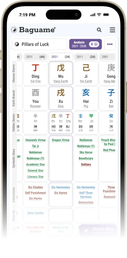 Smartphone displaying a BaZi calculator app with five elements chart, Yin Fire, and destiny pillars