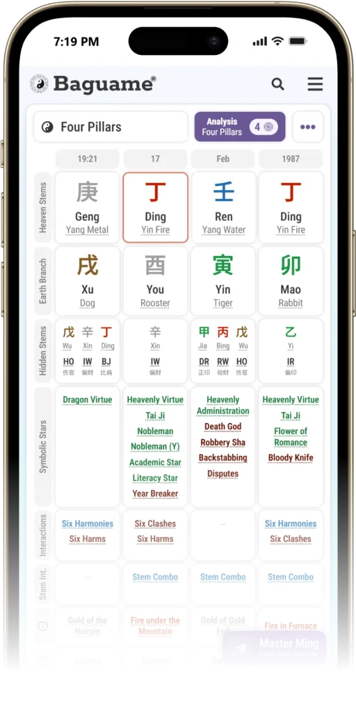 BaZi calculator app displaying Four Pillars of destiny with five elements on a smartphone screen