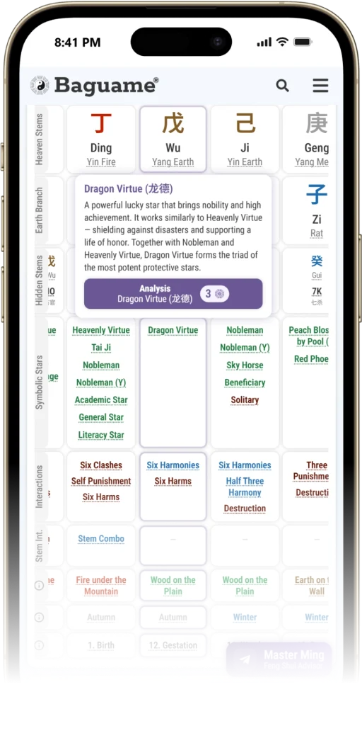 BaZi calculator app on a smartphone showing Chinese astrology charts and five elements balance