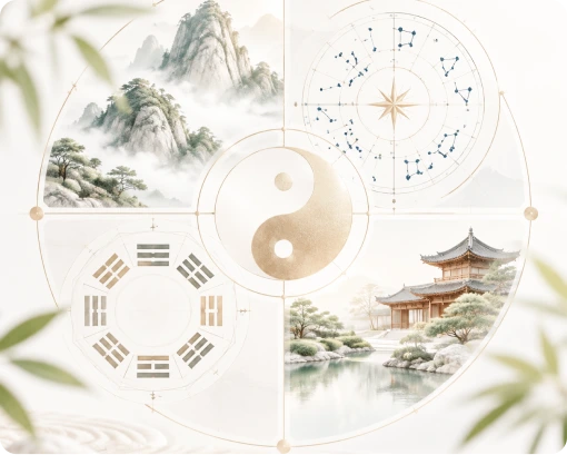Yin Yang symbol surrounded by Bagua map, misty mountains, Chinese architecture, and astrology chart